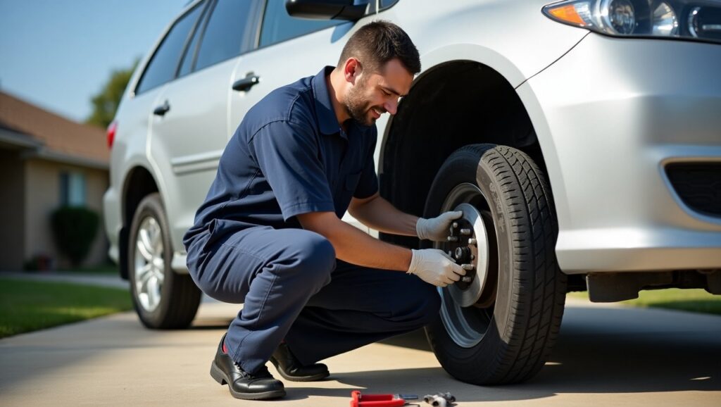 A photo-realistic scene of a mobile mechanic performing air conditioning repairs in a Sacramento driveway, showcasing the technician's attention to detail and the calm, warm weather typical of the area.